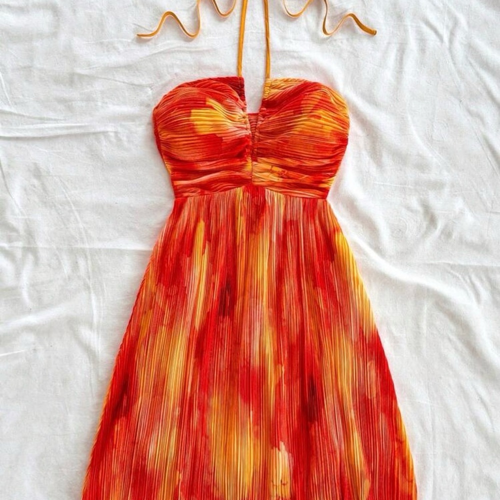 Vibrant Orange and Red Halter Dress